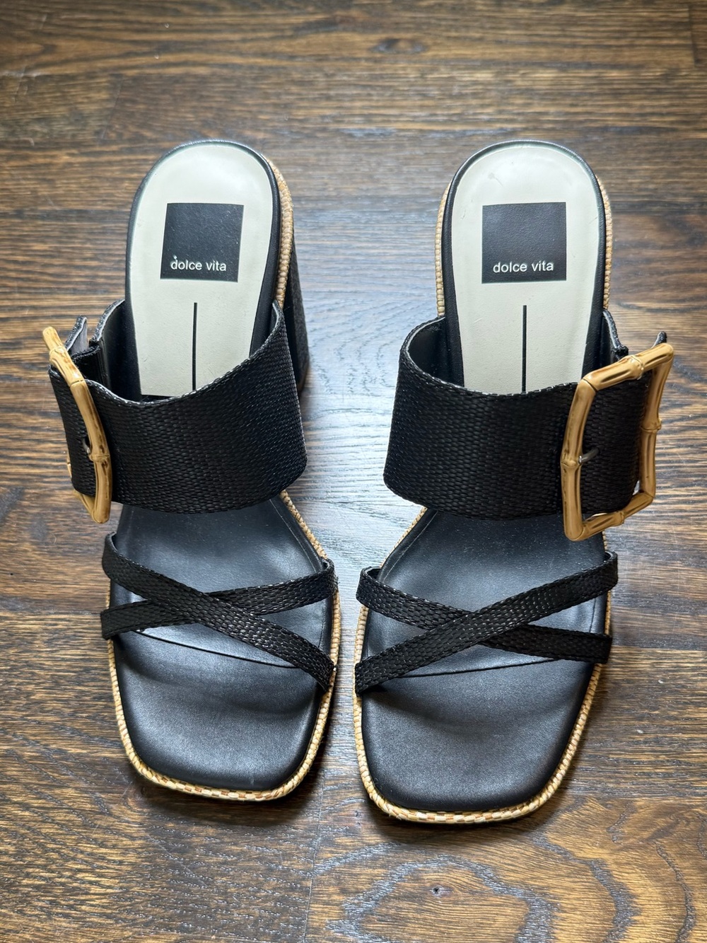 Dolce Vita Black Slide Mules with Tan Buckles